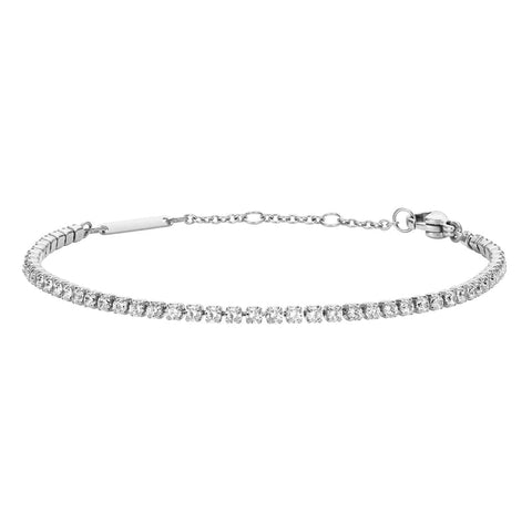 Daniel Wellington silver tennis bracelet featuring shimmering crystals set in high-quality 316L stainless steel.