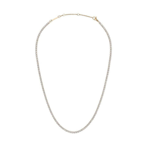 Elegant rose gold tennis necklace featuring shimmering crystals set in durable stainless steel with an adjustable chain.