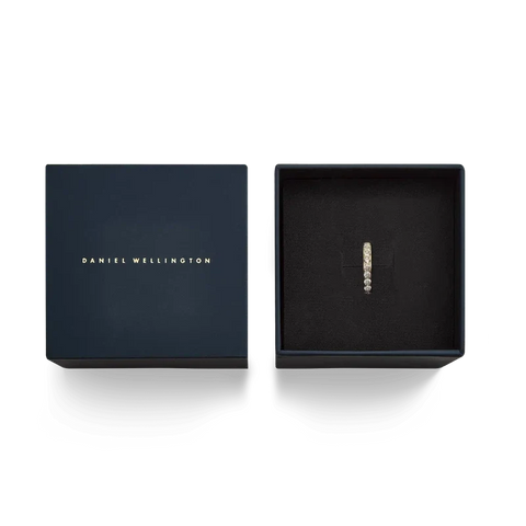 Daniel Wellington gold hoop earring with claw-set crystals in a branded gift box, 13.6mm stainless steel design.