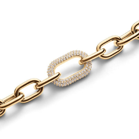 Daniel Wellington gold-plated stainless steel link bracelet featuring a central crystal-embellished ring in a claw setting.
