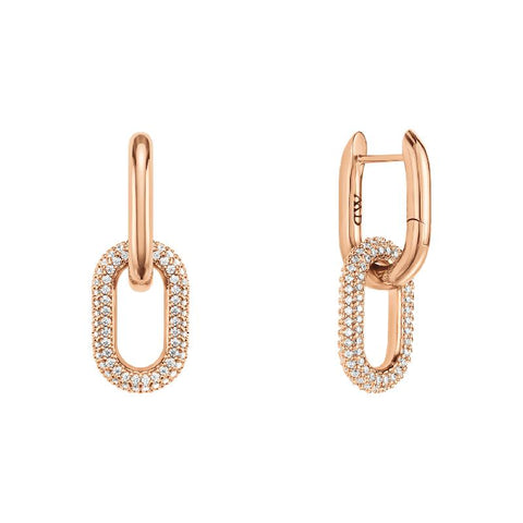Chunky rose gold plated brass link earrings featuring sparkling claw-set crystals for a refined, industrial statement.