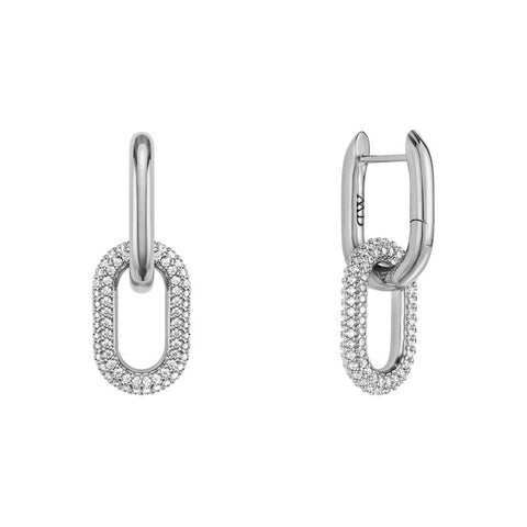Daniel Wellington silver link earrings featuring chunky brass hoops with sparkling claw-set crystals.