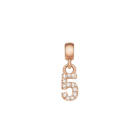 Daniel Wellington number 5 charm in rose gold-plated stainless steel with sparkling claw-set crystals.