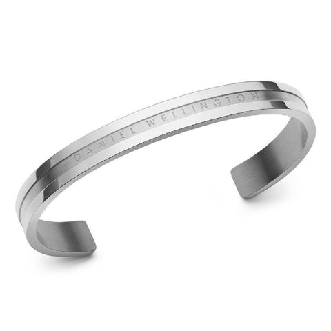 Daniel Wellington Elan silver stainless steel cuff bracelet with elegant engraved logo detailing.