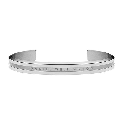 Daniel Wellington Elan silver stainless steel cuff bracelet, size M, featuring a sleek, minimalist open-band design.
