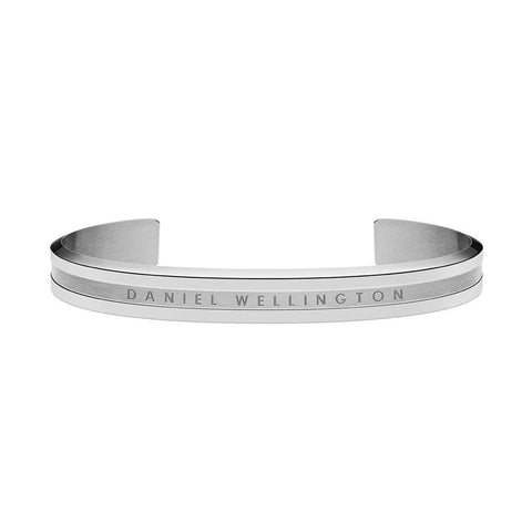 Daniel Wellington Elan silver stainless steel cuff bracelet with engraved logo, size small 155mm circumference.
