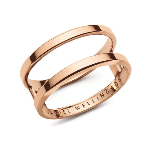 Elegant Daniel Wellington Elan Dual Ring in polished rose gold-plated stainless steel with a minimalist open-band design.