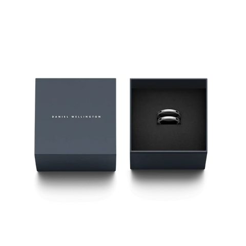 Minimalist Daniel Wellington Elan Dual Ring in silver stainless steel, presented in a sleek branded gift box.