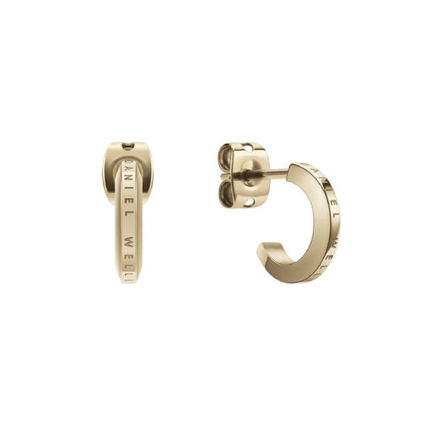 Minimalist gold-plated stainless steel Elan hoop earrings featuring subtle Daniel Wellington logo engraving.