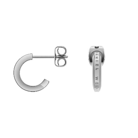 Minimalist silver stainless steel Daniel Wellington Elan hoop earrings with subtle logo engraving for everyday style.