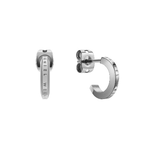 Minimalist silver Daniel Wellington Elan hoop earrings crafted from stainless steel with subtle logo engraving.
