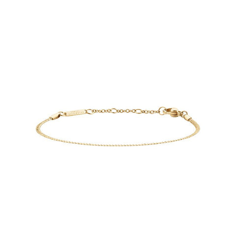 Elegant Daniel Wellington Elan gold-plated stainless steel flat chain bracelet with an adjustable clasp and logo tag.