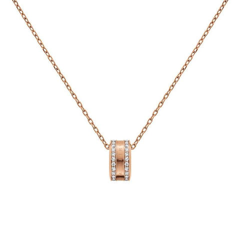 Daniel Wellington Elan Lumine rose gold necklace featuring a crystal-adorned pendant on a sleek stainless steel cable chain.