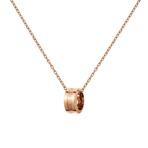Elegant rose gold-plated stainless steel Elan necklace featuring a sleek, engraved ring pendant on a delicate chain.