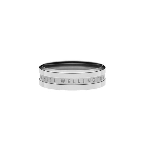 Elegant Daniel Wellington Elan Ring in polished silver stainless steel with a sleek, minimalist engraved logo design.