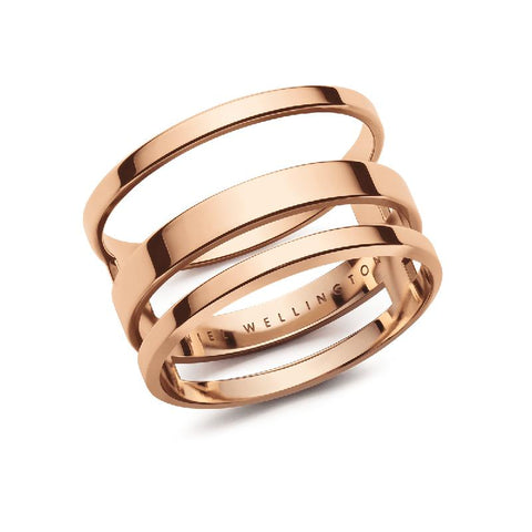 Elegant rose gold-plated stainless steel Elan Triad ring featuring a modern three-band statement design.