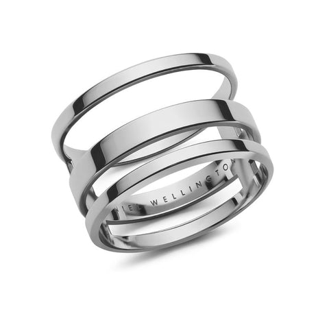 Daniel Wellington Elan Triad Ring in polished silver stainless steel with a sleek, three-band statement design.