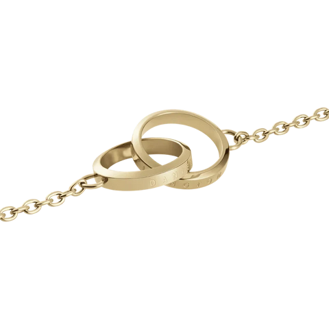 Daniel Wellington Elan Unity gold bracelet featuring two interlocking rings on a delicate stainless steel chain.