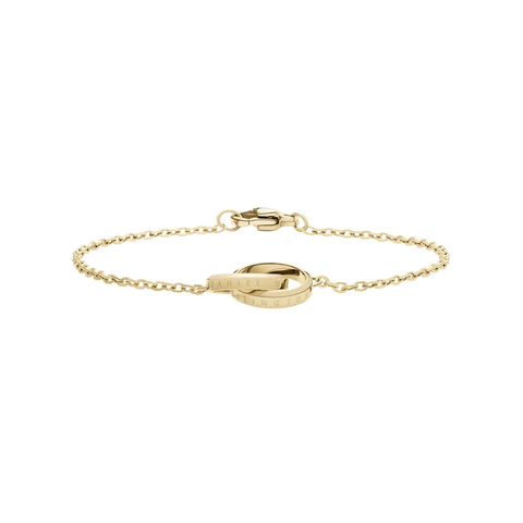 Gold Daniel Wellington Elan Unity bracelet in 155mm, featuring two interlocking rings on a delicate stainless steel chain.