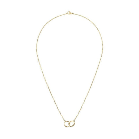 Elegant gold-tone stainless steel Elan Unity necklace featuring two interlocking rings on a delicate chain.
