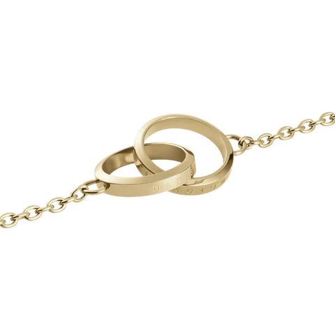 Daniel Wellington Elan Unity necklace in gold stainless steel featuring two interlocking rings on a delicate chain.