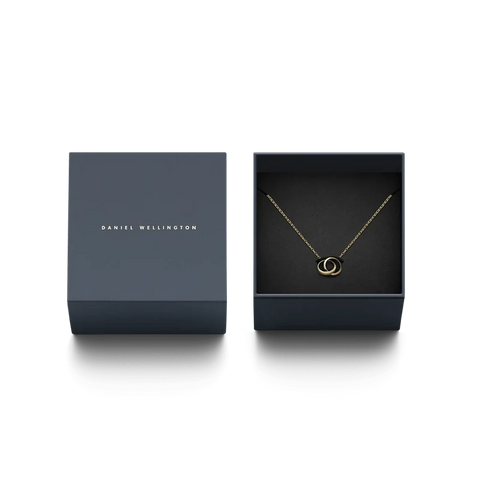 Daniel Wellington Elan Unity necklace in gold stainless steel featuring an interlocking ring pendant in a gift box.