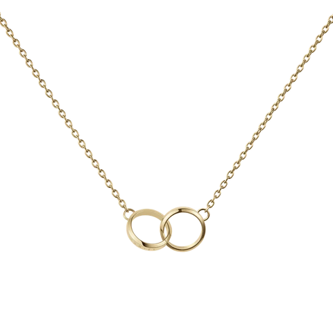 Daniel Wellington Elan Unity necklace in gold-tone stainless steel featuring two interlocking rings on a delicate chain.