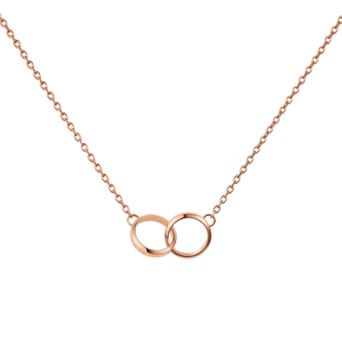 Daniel Wellington Elan Unity necklace in rose gold-plated stainless steel featuring two interlocking rings on a delicate chain.