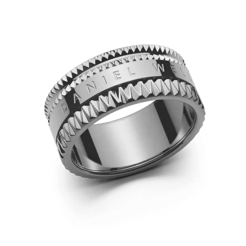 Daniel Wellington Elevation ring in polished silver stainless steel with a geometric, textured band design.