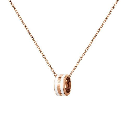 Daniel Wellington Emalie necklace in rose gold-plated stainless steel with a white enamel ring pendant.