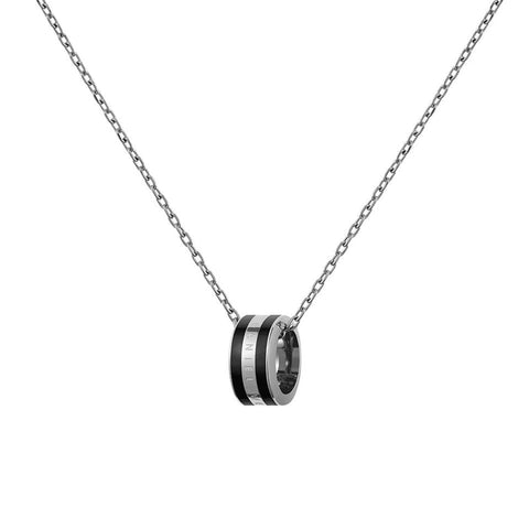 Daniel Wellington Emalie necklace featuring a sleek silver stainless steel chain and a black enamel ring pendant.