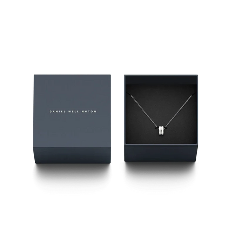 Daniel Wellington Emalie necklace in silver and satin white enamel, presented in an elegant branded gift box.