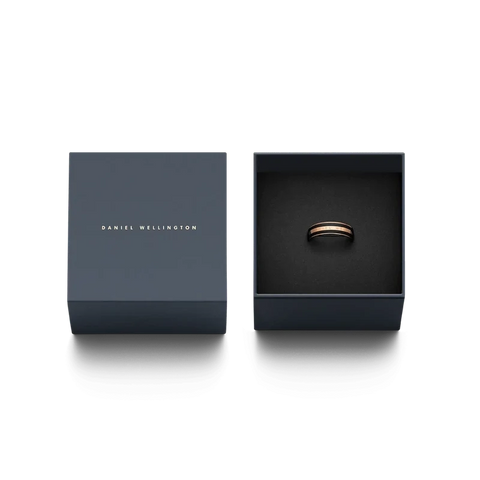 Daniel Wellington Emalie ring in black enamel and rose gold-plated stainless steel inside a branded gift box.