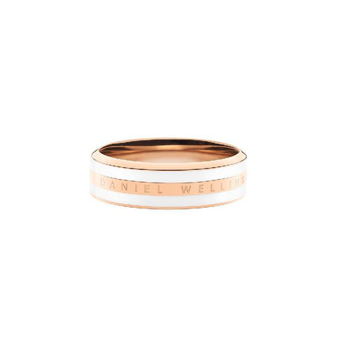 Daniel Wellington Emalie ring in rose gold stainless steel with a sleek white enamel inlay and engraved logo.