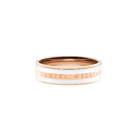 Daniel Wellington Emalie ring in rose gold stainless steel with a sleek white enamel inlay and engraved logo.