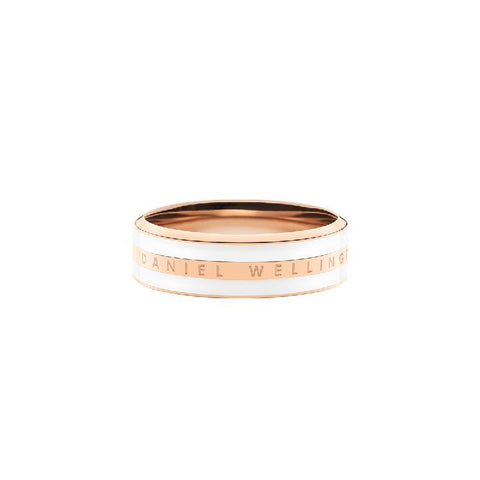 Daniel Wellington Emalie ring in rose gold stainless steel with a satin white enamel inlay and engraved logo.