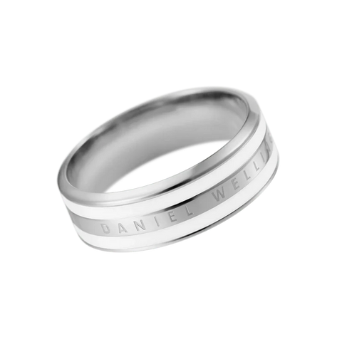Daniel Wellington Emalie ring in silver stainless steel with a sleek white enamel inlay and engraved logo.