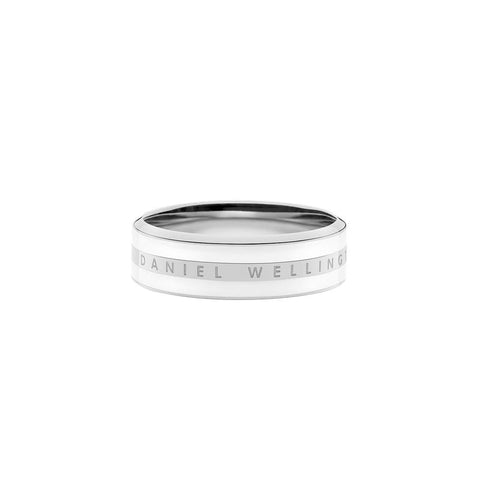 Daniel Wellington Emalie ring in silver stainless steel with a sleek white enamel inlay and engraved logo detail.
