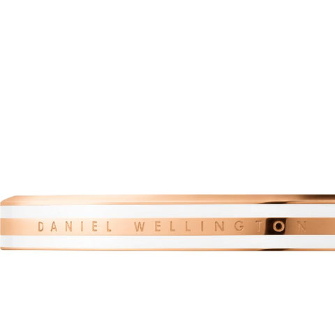 Elegant rose gold Daniel Wellington Emalie slim cuff bracelet featuring a sleek white enamel inlay and engraved logo.