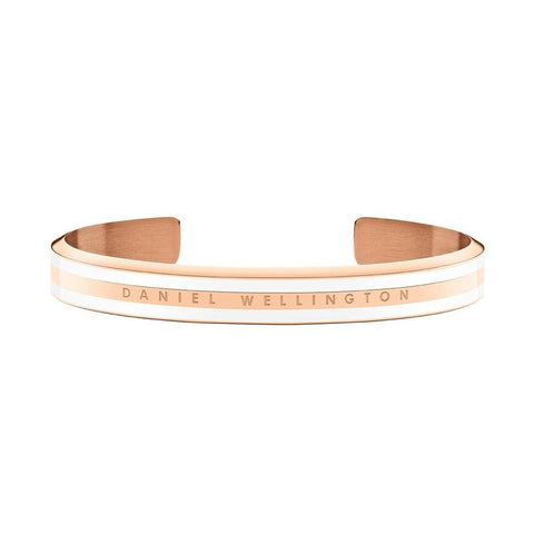Daniel Wellington Emalie Slim rose gold cuff bracelet with white enamel inlay and engraved logo, size small.