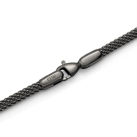 Daniel Wellington graphite stainless steel mesh bracelet featuring a secure lobster clasp and engraved logo detail.