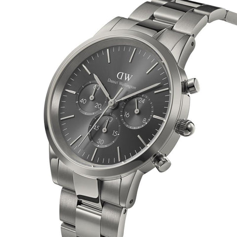 Daniel Wellington Iconic Chronograph 42mm watch in graphite stainless steel with a grey sunray dial and link strap.
