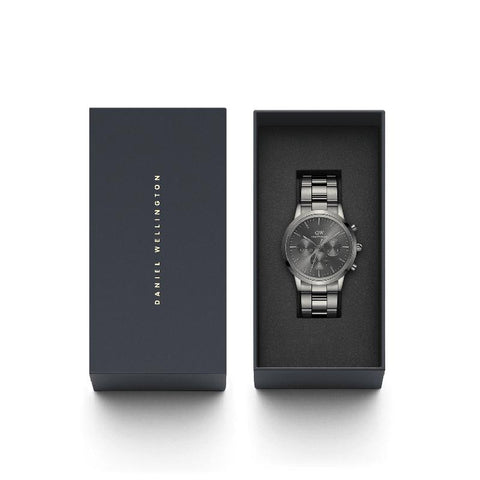 Daniel Wellington Iconic Chronograph 42mm watch in graphite stainless steel with a grey sunray dial in a gift box.