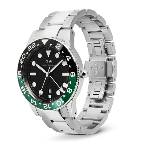The Watch Boutique Daniel Wellington Iconic GMT Link Black Green Ceramic Bezel Silver Watch
