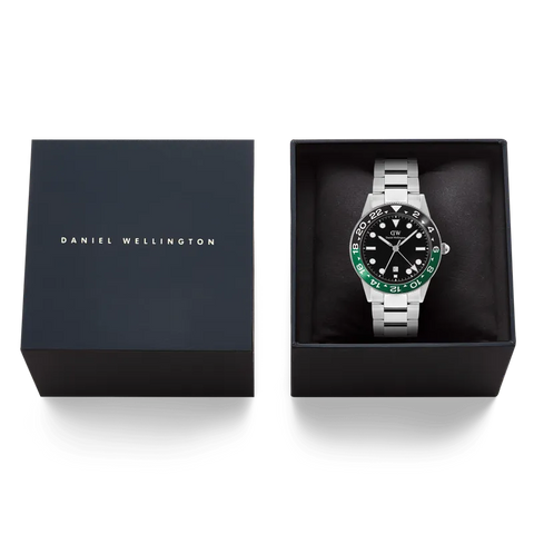 The Watch Boutique Daniel Wellington Iconic GMT Link Black Green Ceramic Bezel Silver Watch