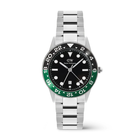 The Watch Boutique Daniel Wellington Iconic GMT Link Black Green Ceramic Bezel Silver Watch