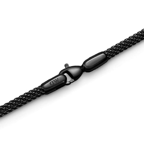 Daniel Wellington Ashfield black stainless steel mesh bracelet with a secure lobster clasp and elegant 2.8mm width.