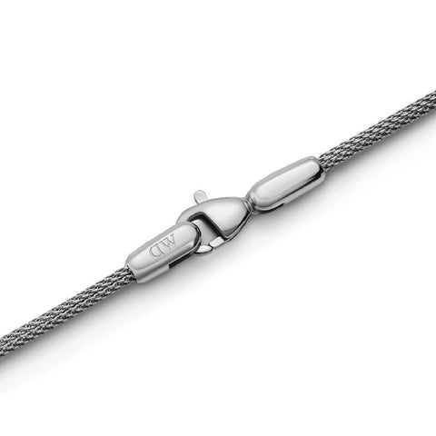 Daniel Wellington silver mesh bracelet in 316L stainless steel featuring a secure lobster clasp with DW logo.