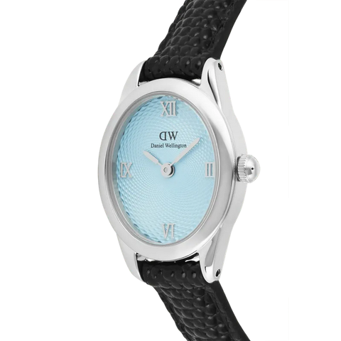 Daniel Wellington Ophelia Mini Black Lizard Ice Blue Guilloché Silver Watch