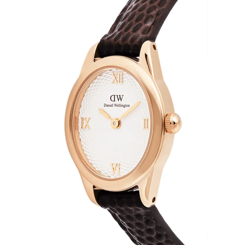 Daniel Wellington Ophelia Mini Dark Brown Lizard White Guilloché Rose Gold Watch
